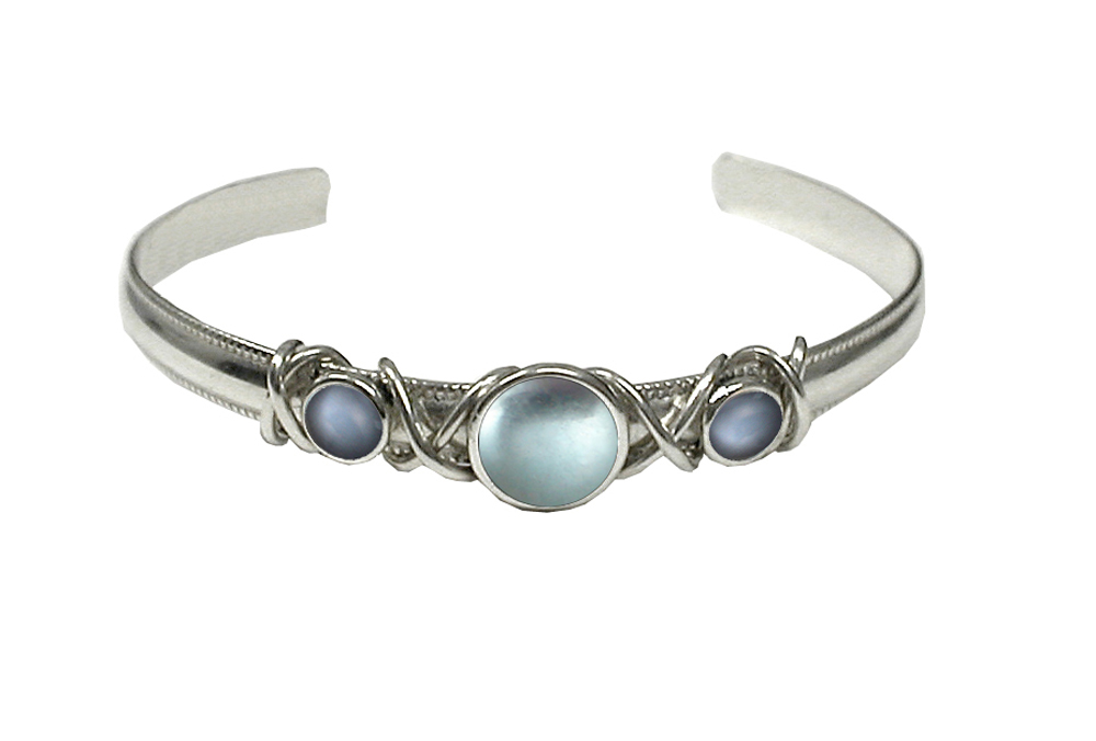 Sterling Silver Hand Made Cuff Bracelet With Blue Topaz And Grey Moonstone